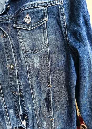 l Beden mavi Renk Düğmeli Mavi Kadın Denim Ceket