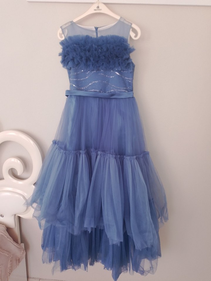 Mavi Fırfırlı Bohem Straplez Çocuk Elbisesi - Görsel 5