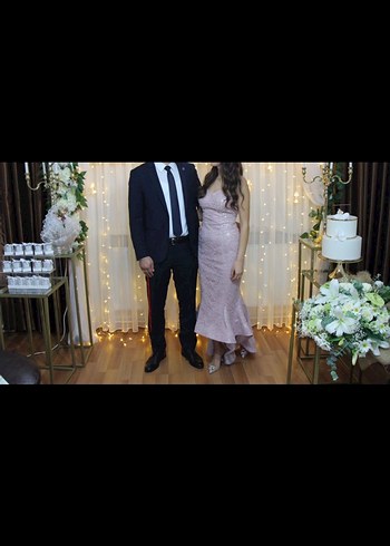 Pembe Midi İnce Askılı Düğün Elbisesi