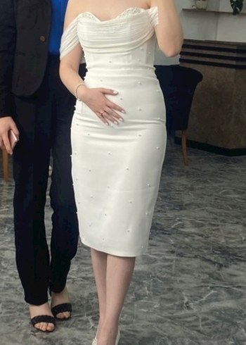 Beyaz Straplez Mini İşlemeli Abiye Elbise - Görsel 5