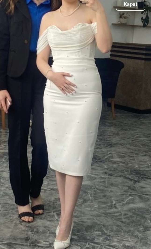 Beyaz Straplez Mini İşlemeli Abiye Elbise - Görsel 5