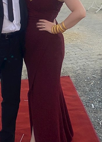 Bordo Drapeli Uzun Abiye Elbise - Görsel 2