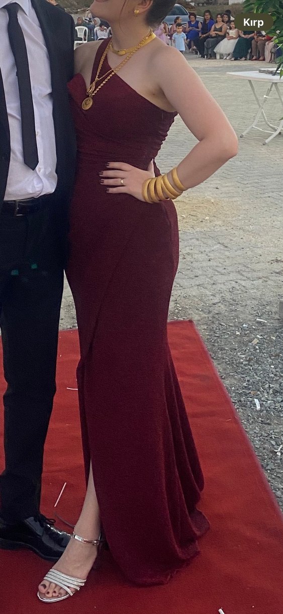 Bordo Drapeli Uzun Abiye Elbise - Görsel 2