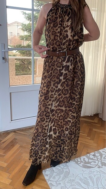 m Beden Leopar uzun elbise