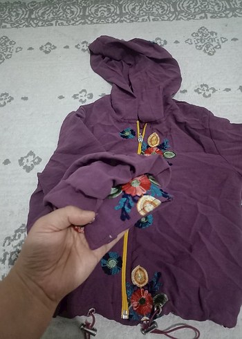 Nakışlı Mor Kapüşonlu Bohem Kadın Ceket - Görsel 2