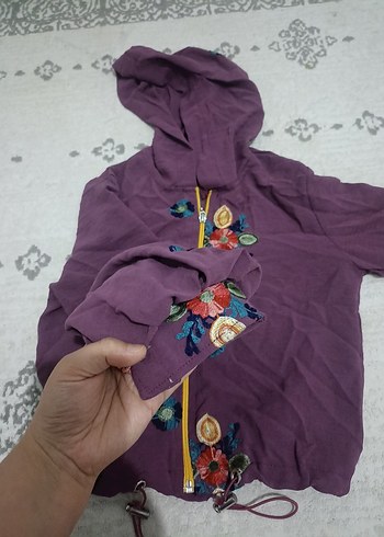 Nakışlı Mor Kapüşonlu Bohem Kadın Ceket - Görsel 3