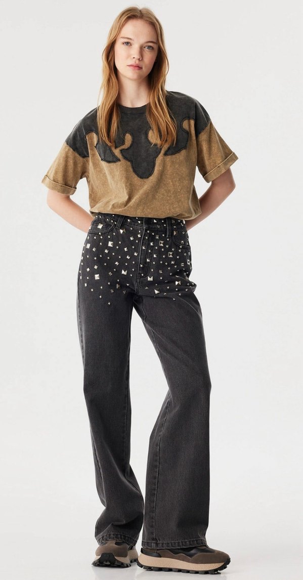 Kadın Gri Payetli Bol Kesim Denim Pantolon — görsel 2/10