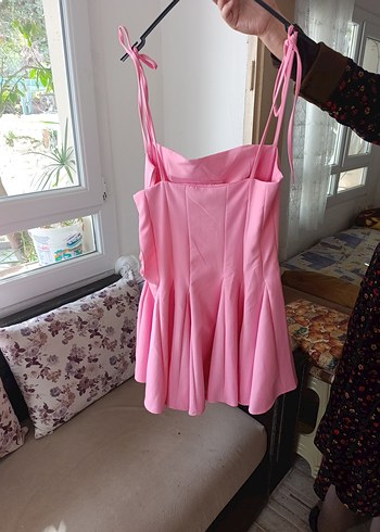 Pembe Pilili Mini Askılı Elbise - Görsel 3