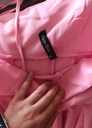 Pembe Pilili Mini Askılı Elbise - Görsel 5