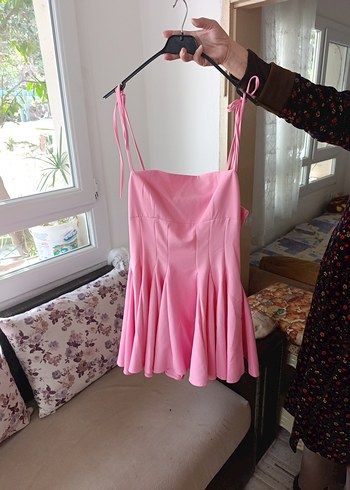 Pembe Pilili Mini Askılı Elbise - Görsel 4