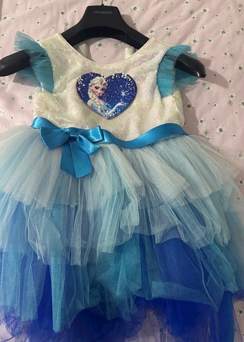 Kız Çocuk Mavi Tül Elbise Elsa Desenli elbise