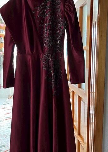 40 Beden Bordo Uzun Kol Tesettür Payetli Elbise