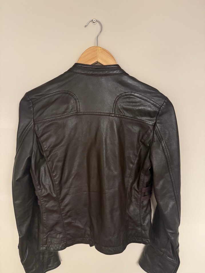 Düğmeli Kahverengi Deri Biker Ceket - Görsel 4