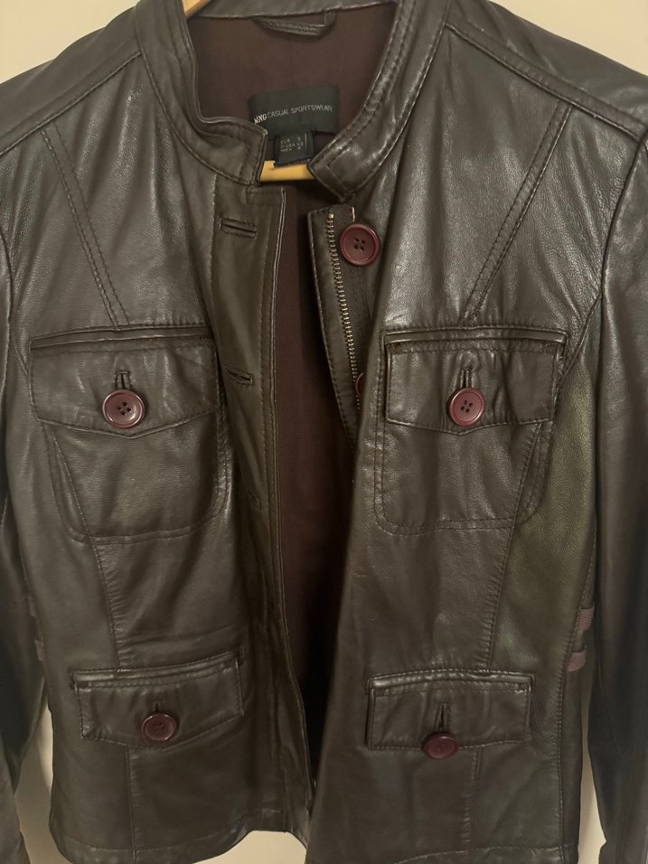 Düğmeli Kahverengi Deri Biker Ceket - Görsel 2