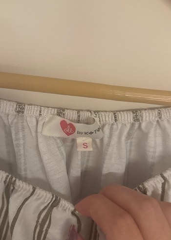 Bej Çizgili Keten Kısa Kollu Bluz - Görsel 2