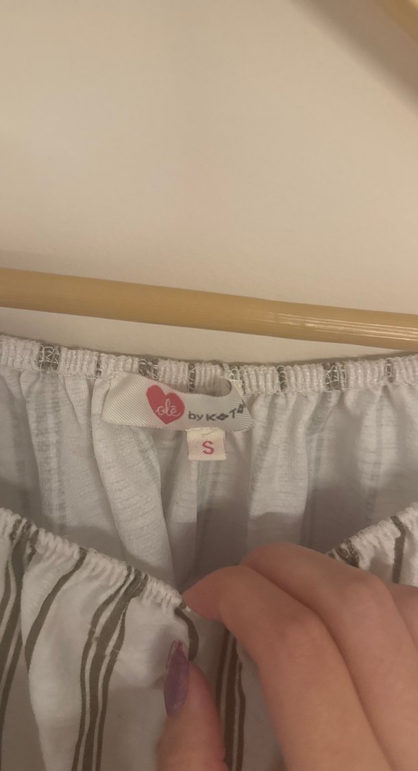 Bej Çizgili Keten Kısa Kollu Bluz - Görsel 2