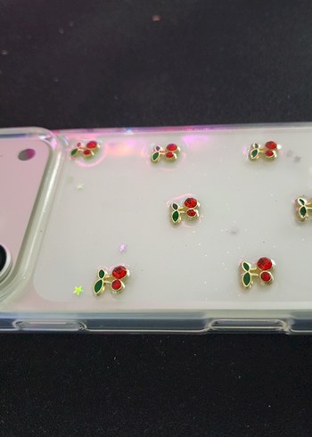 iPhone 17 Pro Max Şeffaf Işıltılı Kiraz Desenli Kılıf - Görsel 3