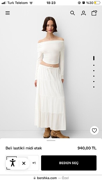 bershka beyaz uzun y2k etek beli lastikli midi etek