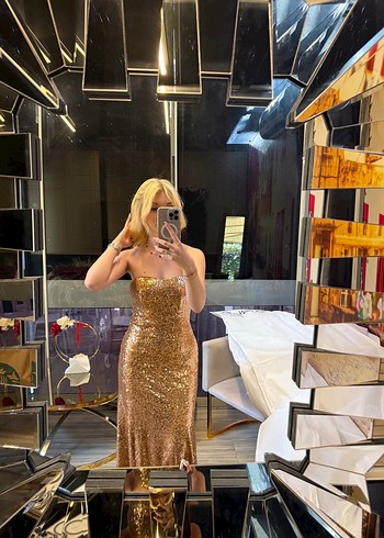 Parlak gold Uzun Straplez abiye
