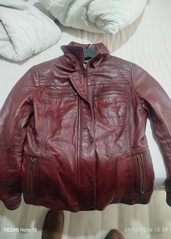 Bordo Deri Biker Ceket Kadın - Görsel 3