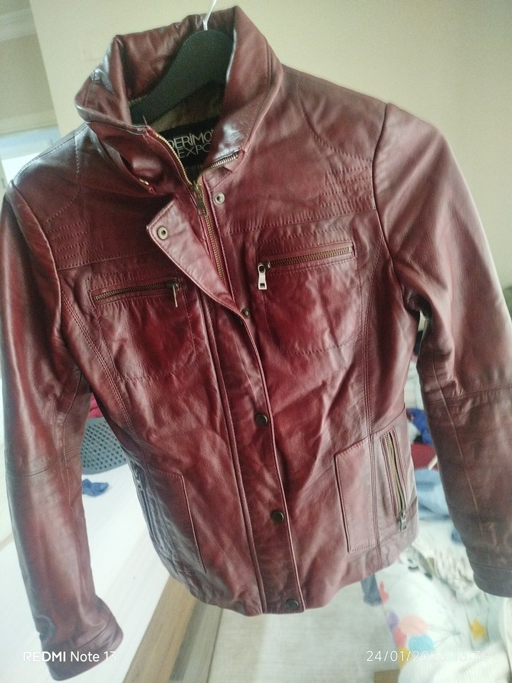 Bordo Deri Biker Ceket Kadın - Görsel 2