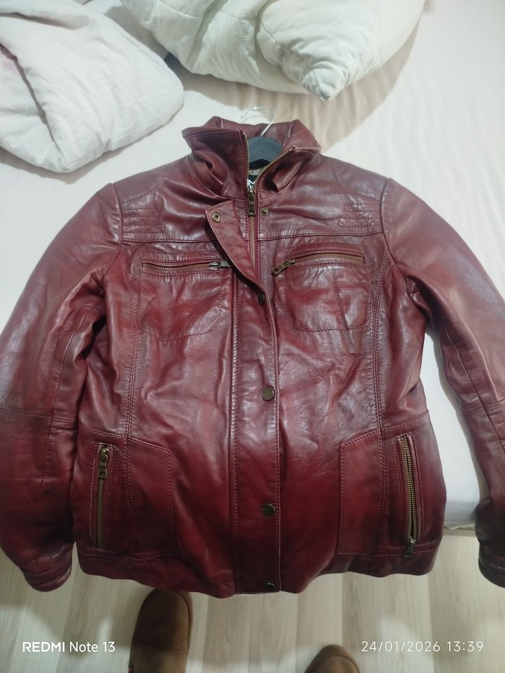 Bordo Deri Biker Ceket Kadın - Görsel 3