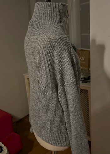 Gri Yüksek Yakalı Örgü Kadın Kazak - Görsel 4