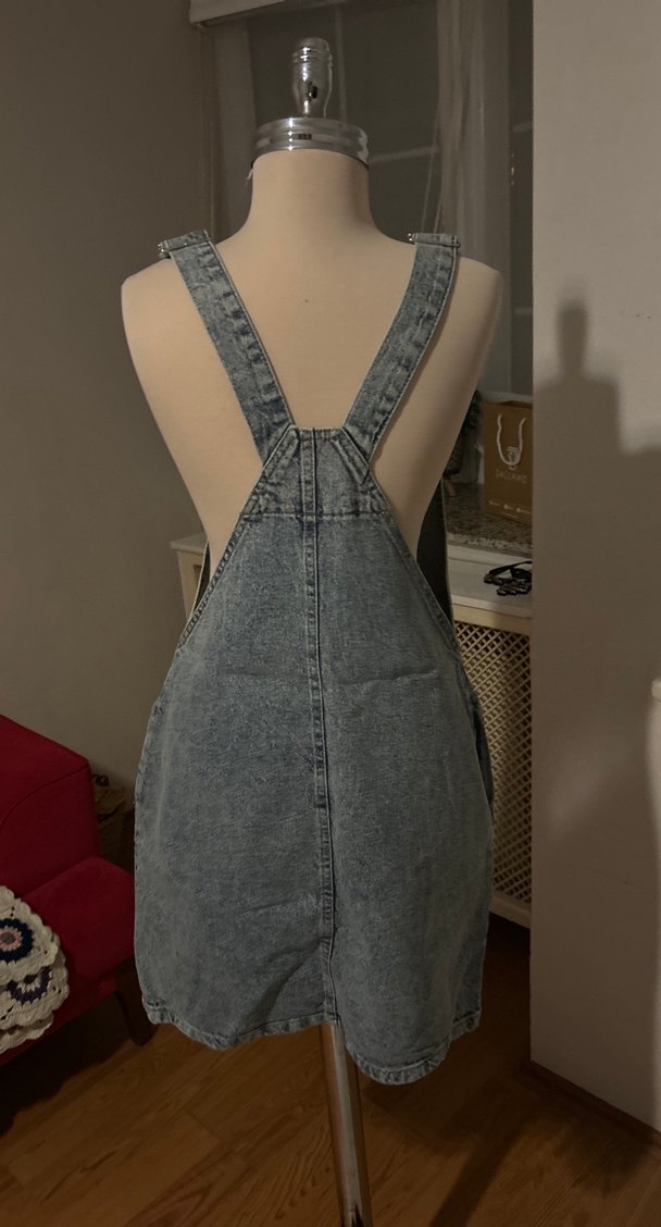 Mavi Kot Midi Askılı Tulum - Görsel 4