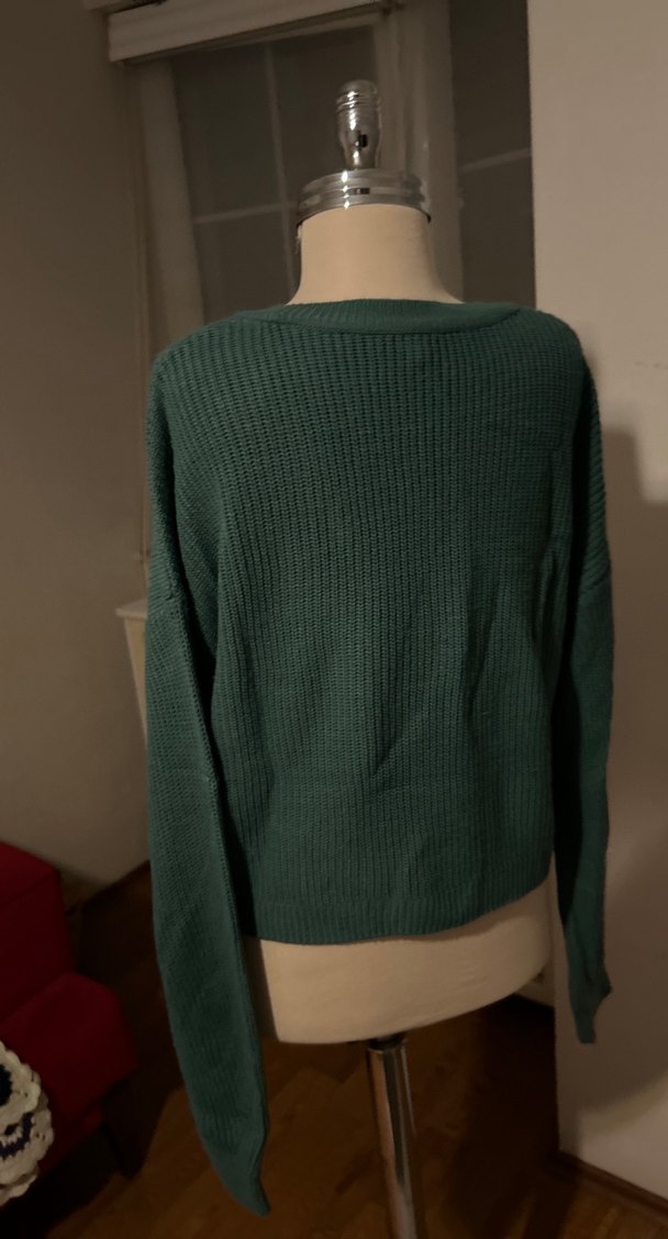 Kadın Koyu Yeşil Örgü Salaş Kazak - Görsel 4