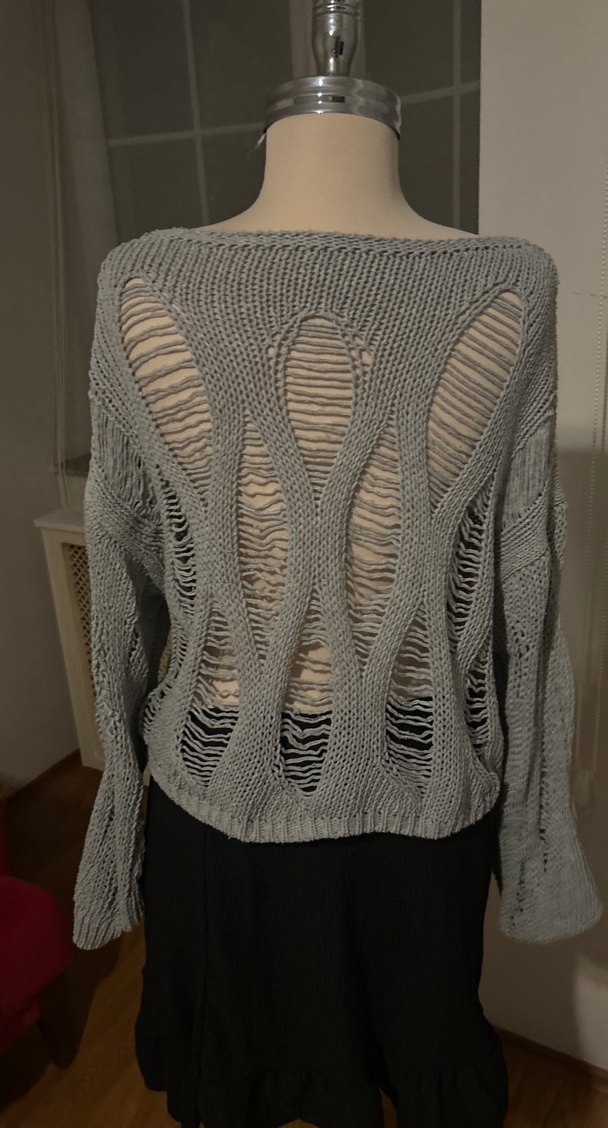 Gri Bohem Salaş Örgü Kadın Kazak - Görsel 4