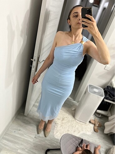 m Beden mavi Renk Tek omuz açık mavi tül elbise