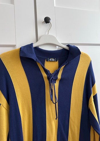 Sarı Lacivert Çizgili Triko Tişört - Görsel 2