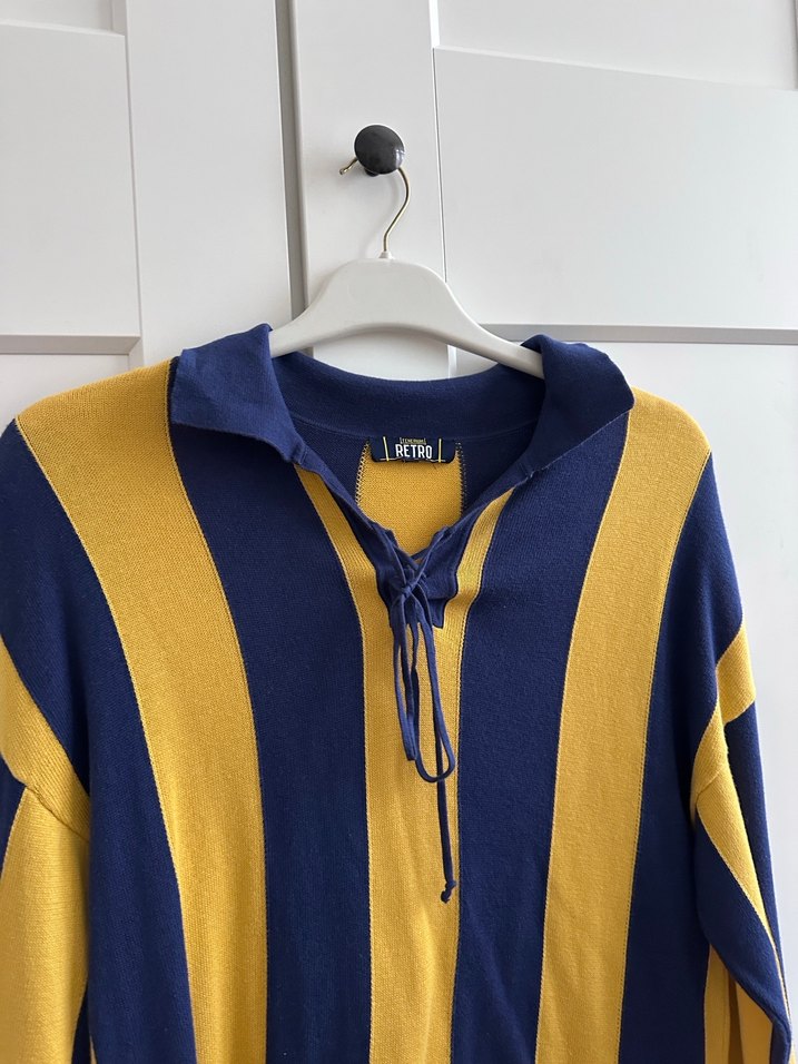 Sarı Lacivert Çizgili Triko Tişört - Görsel 2