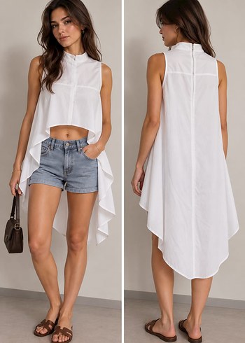 Diğer Minimal Beyaz Asimetrik Crop Bluz