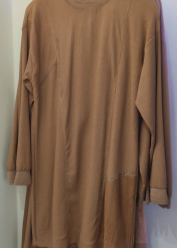 Camel Uzun Kollu Salaş önce Keten Tunik pantolon takım