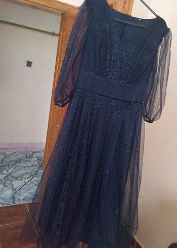 xl Beden Uzun Lacivert Drapeli Abiye Elbise