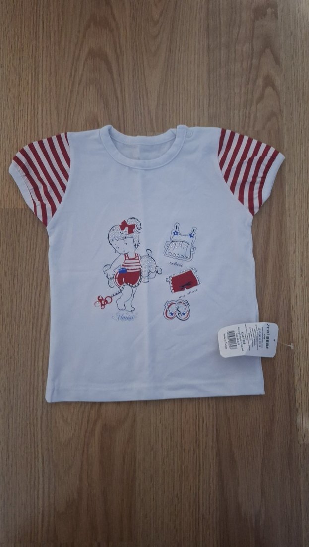 Kız Çocuk Beyaz Çizgili Kısa Kollu Tişört - Görsel 3