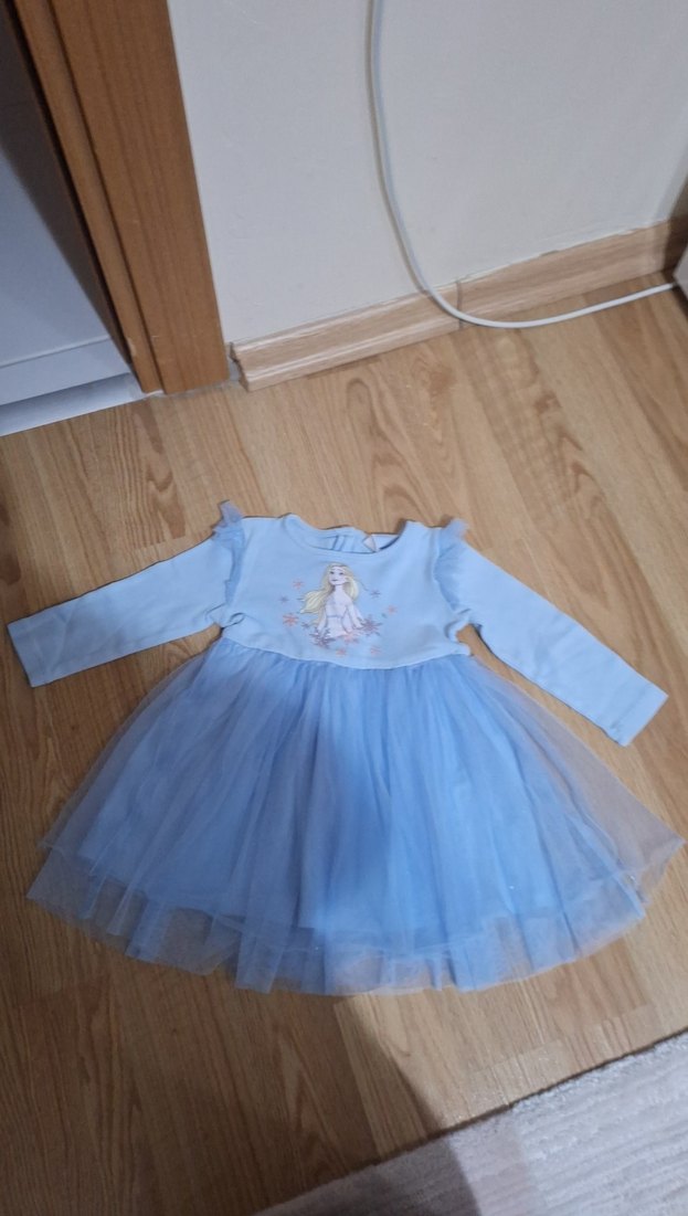 Uzun Kollu Mavi Nakışlı Kız Elbisesi - Görsel 2