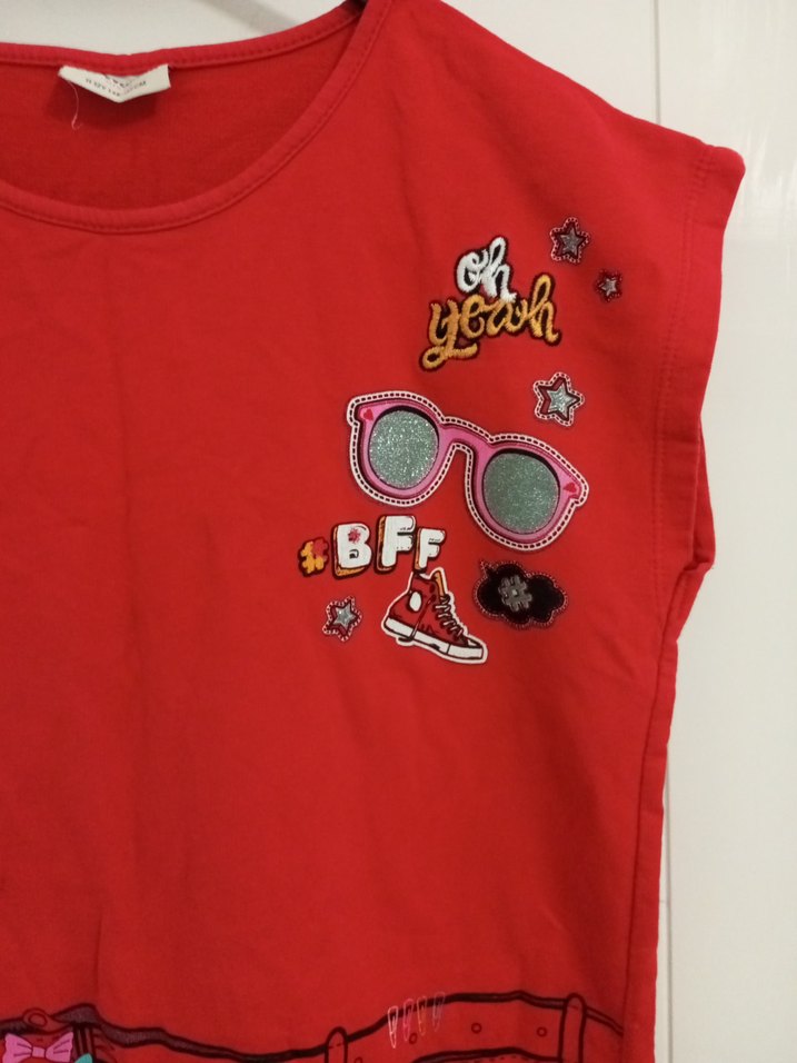 Kız Çocuk Kırmızı Baskılı Kolsuz Elbise - Görsel 3