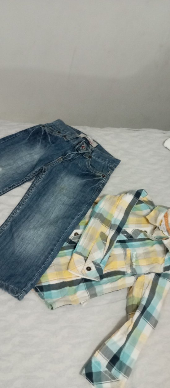 Kot Pantolon ve uzun kollu ekose gömlek takım erkek çocuk - Görsel 2