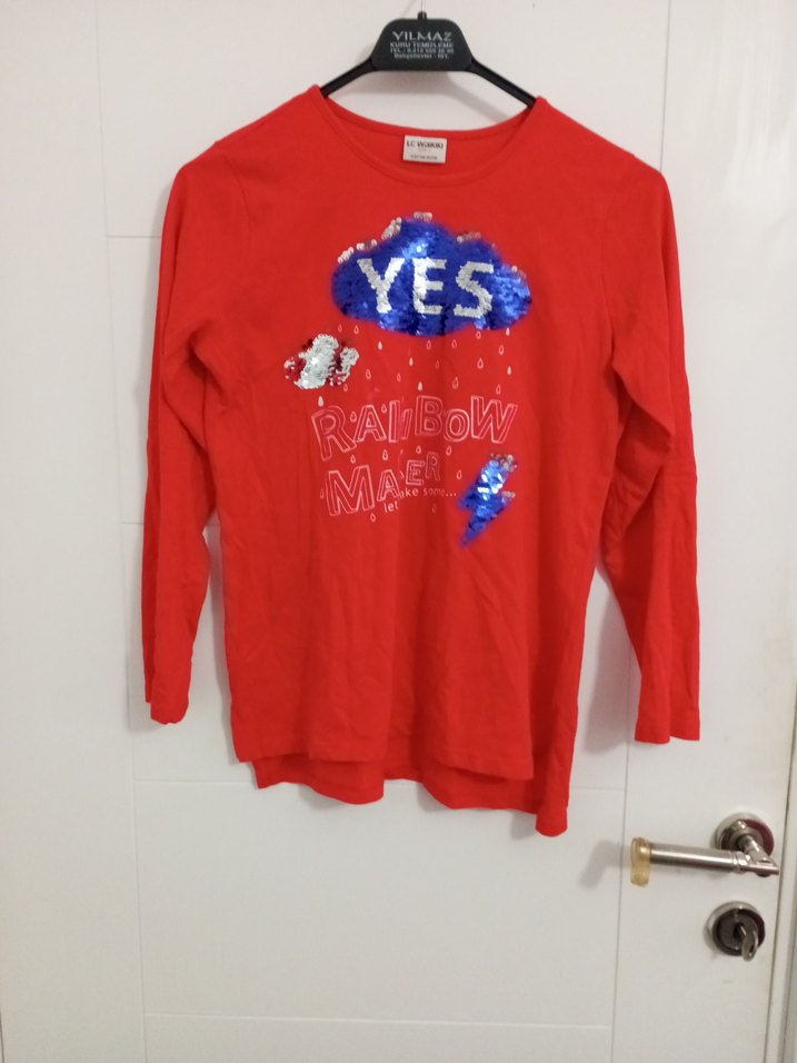 Kız Çocuk Kırmızı Uzun Kollu Payetli Tişört - Görsel 2