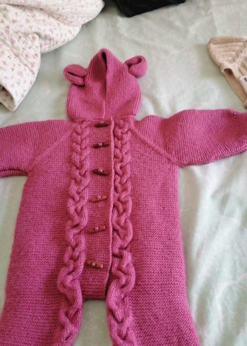Pembe Örgü Bebek Kız Tulumu Kulaklı Kapüşonlu
