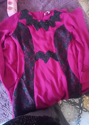 Dantel Detaylı Uzun Kollu Pembe abiye