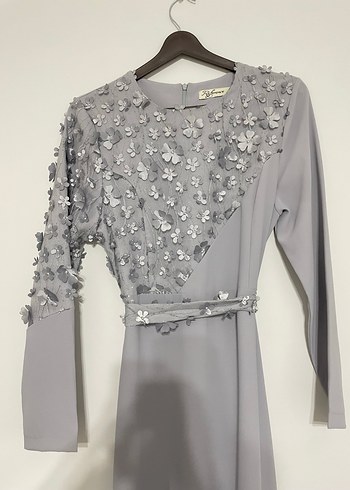 Uzun Kollu Gri İşlemeli Kadın Abiye Elbise - Görsel 2