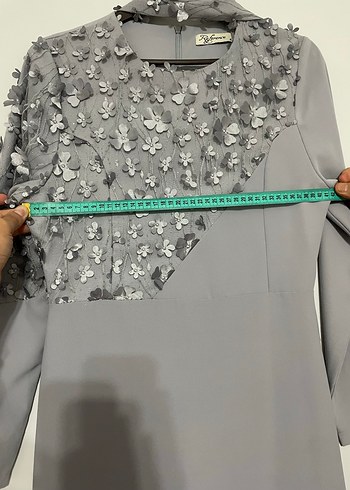 Uzun Kollu Gri İşlemeli Kadın Abiye Elbise - Görsel 6