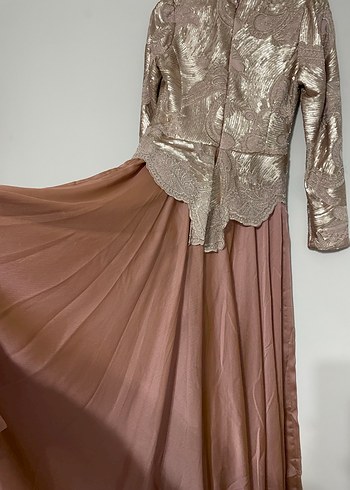 Pudra Parlak İşlemeli Uzun Abiye Elbise - Görsel 5