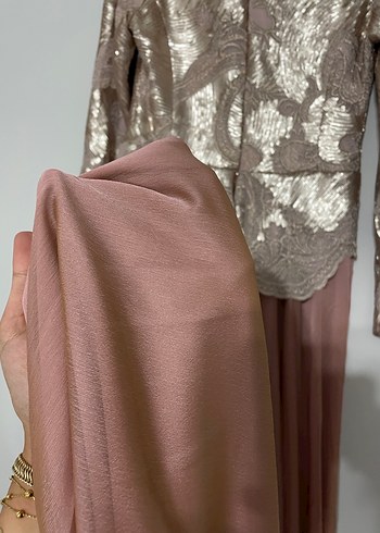 Pudra Parlak İşlemeli Uzun Abiye Elbise - Görsel 6