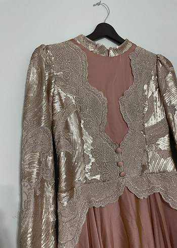 Pudra Parlak İşlemeli Uzun Abiye Elbise - Görsel 3