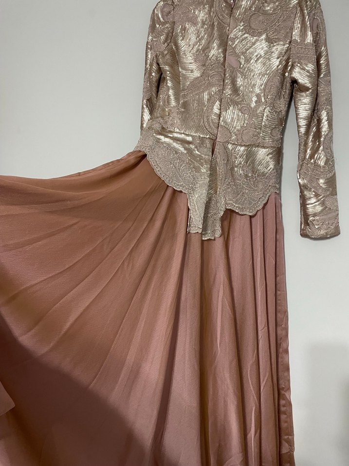 Pudra Parlak İşlemeli Uzun Abiye Elbise - Görsel 5
