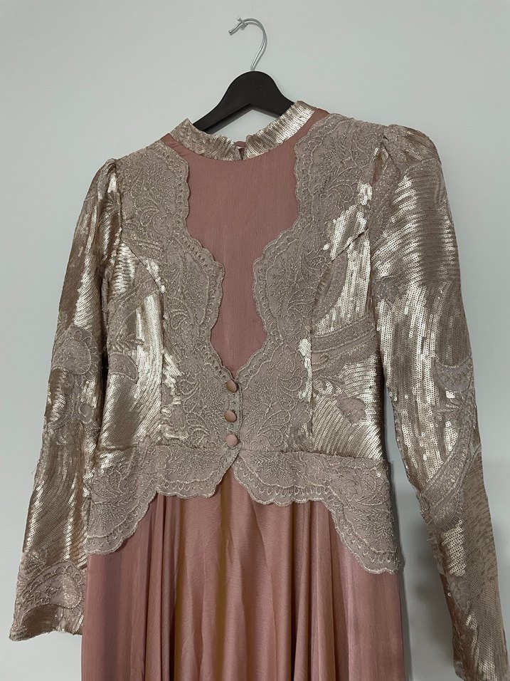 Pudra Parlak İşlemeli Uzun Abiye Elbise - Görsel 2